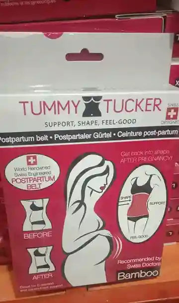 Tummy Tucker postpartum belt packaging on a red background