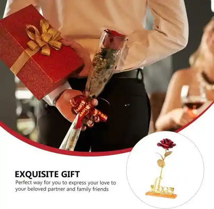 Person holding a red gift box and a bouquet with a rose on a stand, with text about expressing love.
