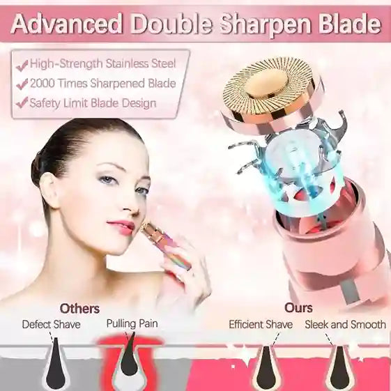 Product advertisement for a shaver with text highlighting features and benefits.