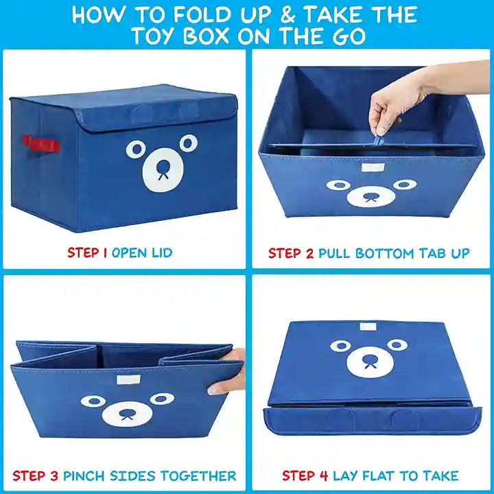 Step-by-step guide on how to fold up and take a blue toy box with a bear design on the lid.