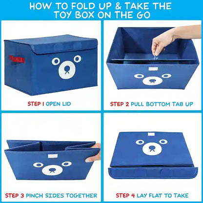 Step-by-step guide on how to fold up and take a blue toy box with a bear design on the lid.