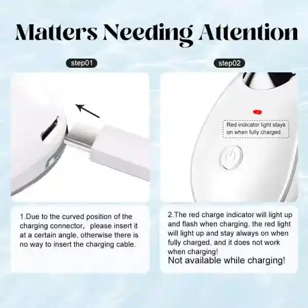 Instructions for using a white electronic device with charging connector and indicator lights.