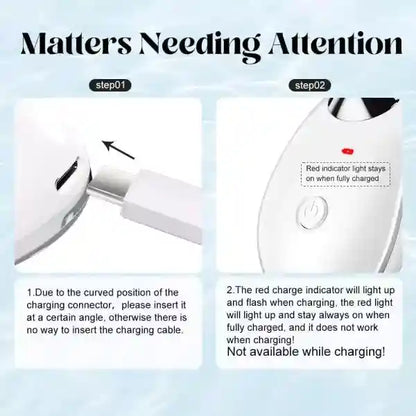 Instructions for using a white electronic device with charging connector and indicator lights.