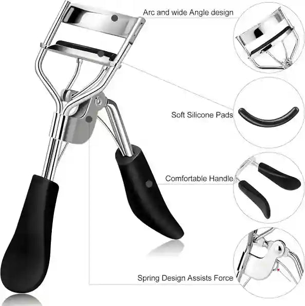 Eyelash curler with features highlighted on a white background