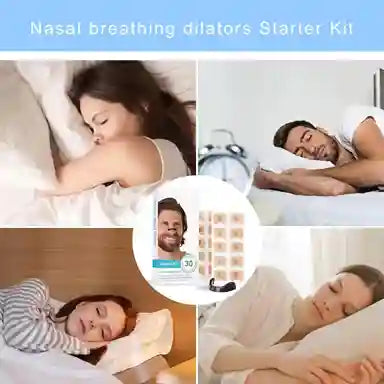 Nasal breathing dilators starter kit with people using it and product details.