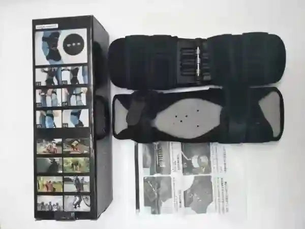 Black and gray knee pads with packaging and images on a white background