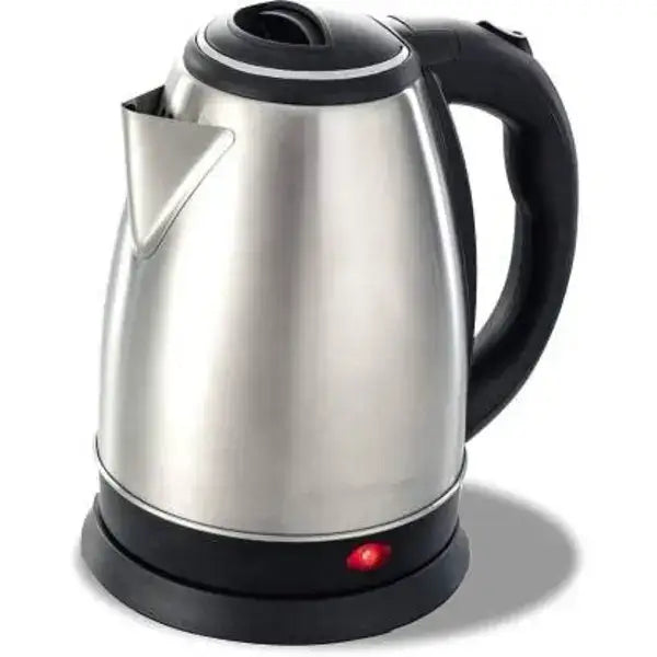 Stainless steel electric kettle with black handle on a white background