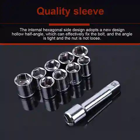 Set of socket wrenches with a quality sleeve label on a dark background