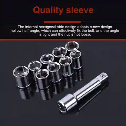 Set of socket wrenches with a quality sleeve label on a dark background