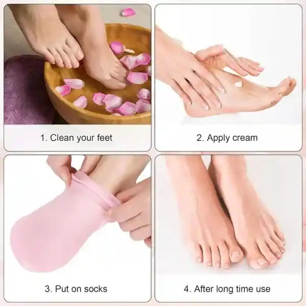 Step-by-step guide to foot care with images of cleaning, applying cream, putting on socks, and resting.