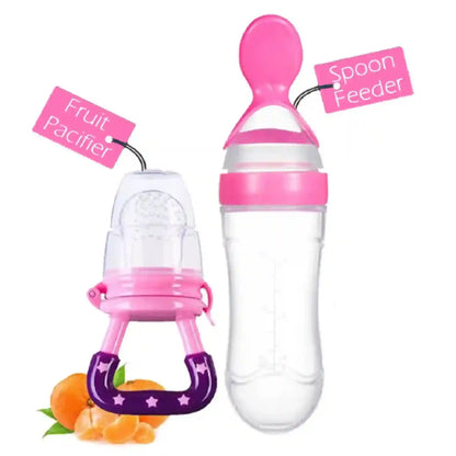 Pink and white baby fruit pacifier and spoon feeder with fruit graphics on a white background