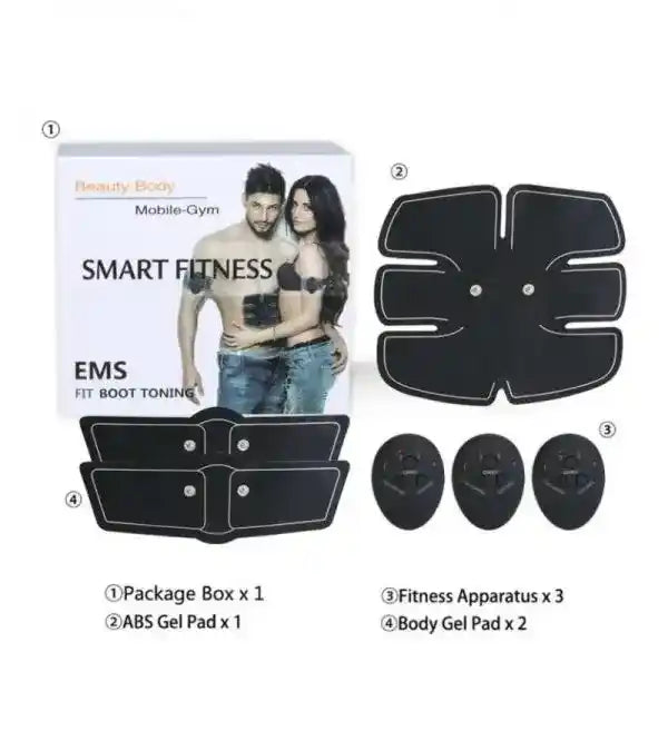 Smart fitness EMS device packaging with man and woman, and fitness apparatus components on a white background.