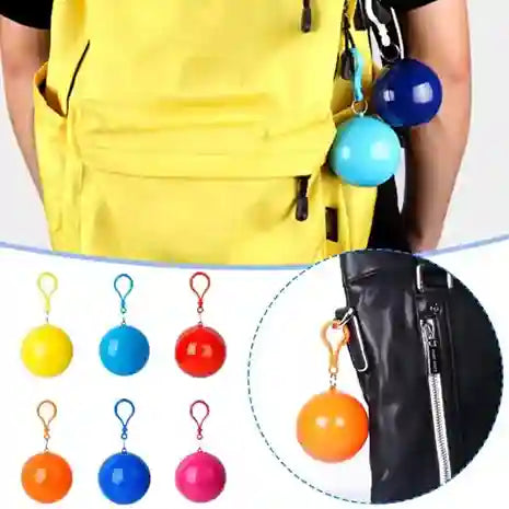 Colorful ball keychains attached to a backpack with close-up inset.