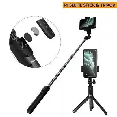 Black selfie stick and tripod with smartphone holder on a white background