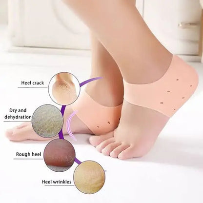 Feet with a focus on heel care, showing cracked heels and dry skin, with close-up insets of heel issues.