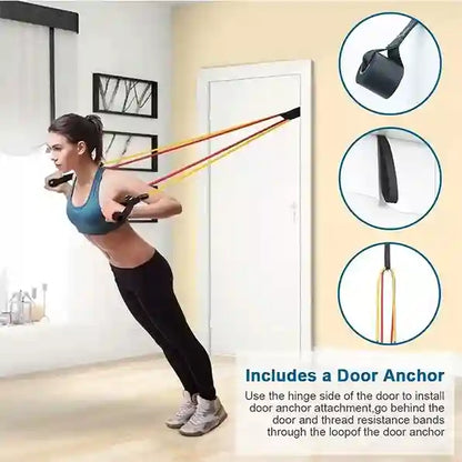 Woman exercising with resistance bands in a room, featuring door anchor attachment.