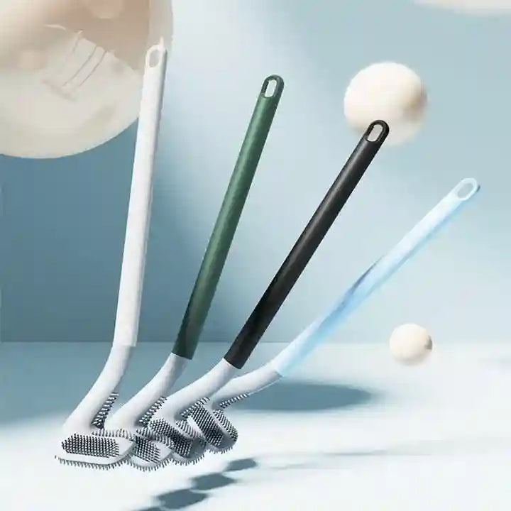 Four cleaning brushes with different handles on a light blue background