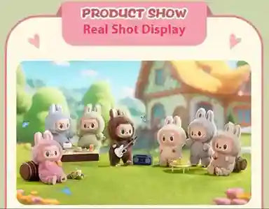 Cartoon animal figurines playing instruments in a colorful outdoor setting with 'Product Show Real Shot Display' text at the top.