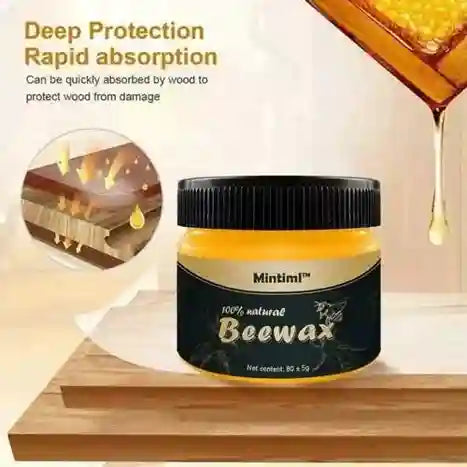 Jar of Mintiml Beewax with wooden background and honeycomb