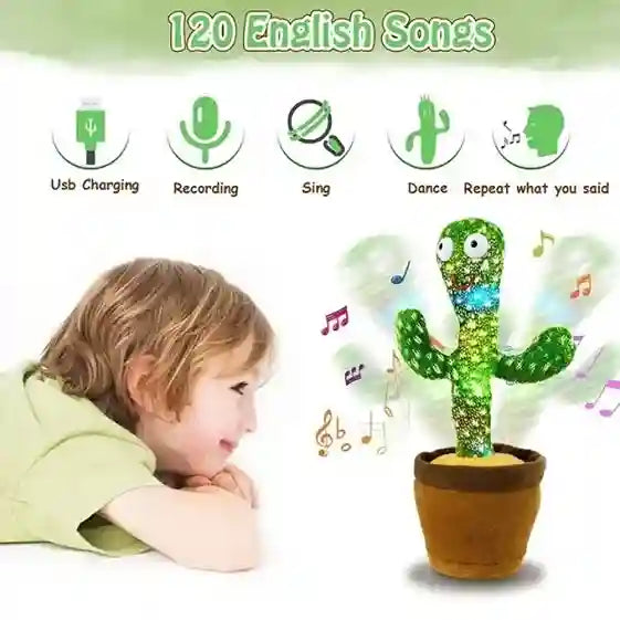 Child looking at a dancing cactus toy with features listed above.