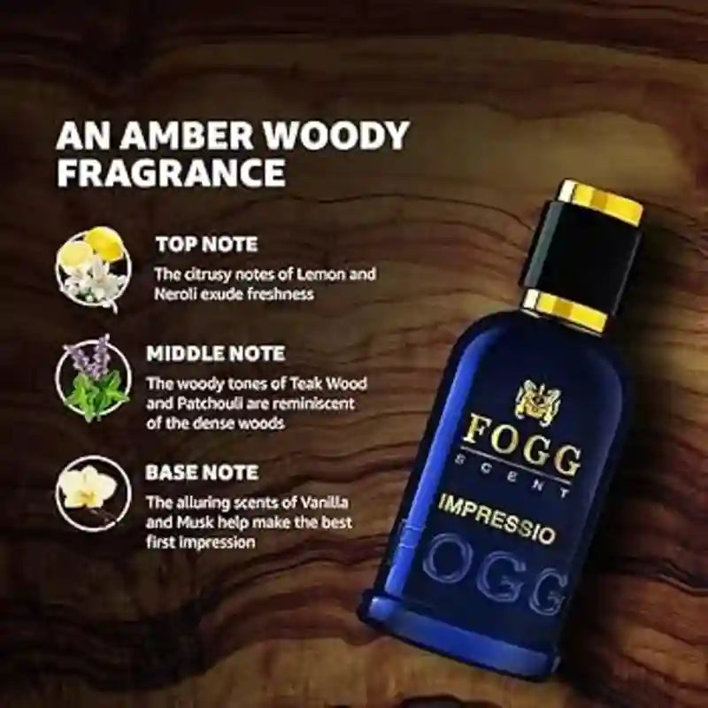A bottle of Fogg Scent Impressio Oog amber woody fragrance shown on a dark wood background with text describing the scent notes.