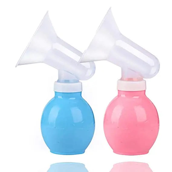 Two breast pumps, one blue and one pink, on a white background.