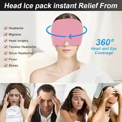 Head ice pack with a person wearing it, showing relief from various head issues.