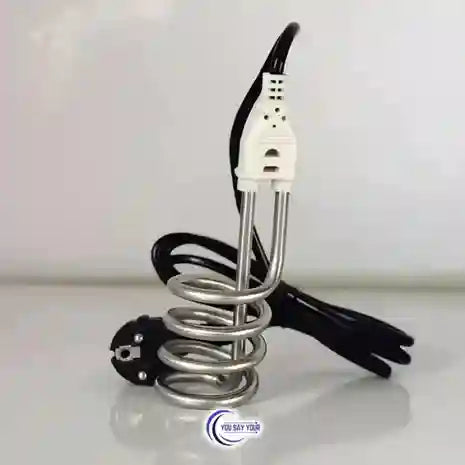 Electric immersion heater with coiled heating element on a white background