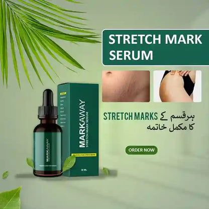 Stretch mark serum with bottle and packaging on a green background