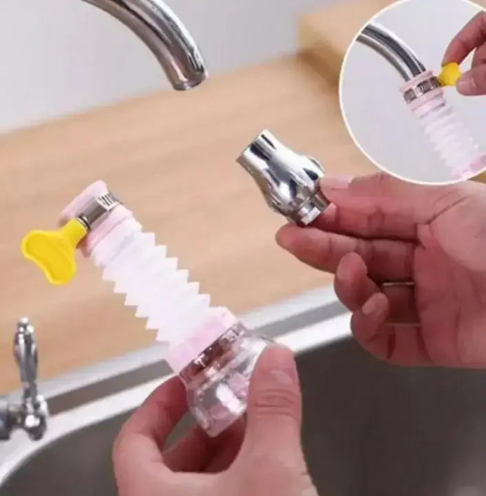 Person holding a flexible water faucet attachment with a close-up inset showing the design.