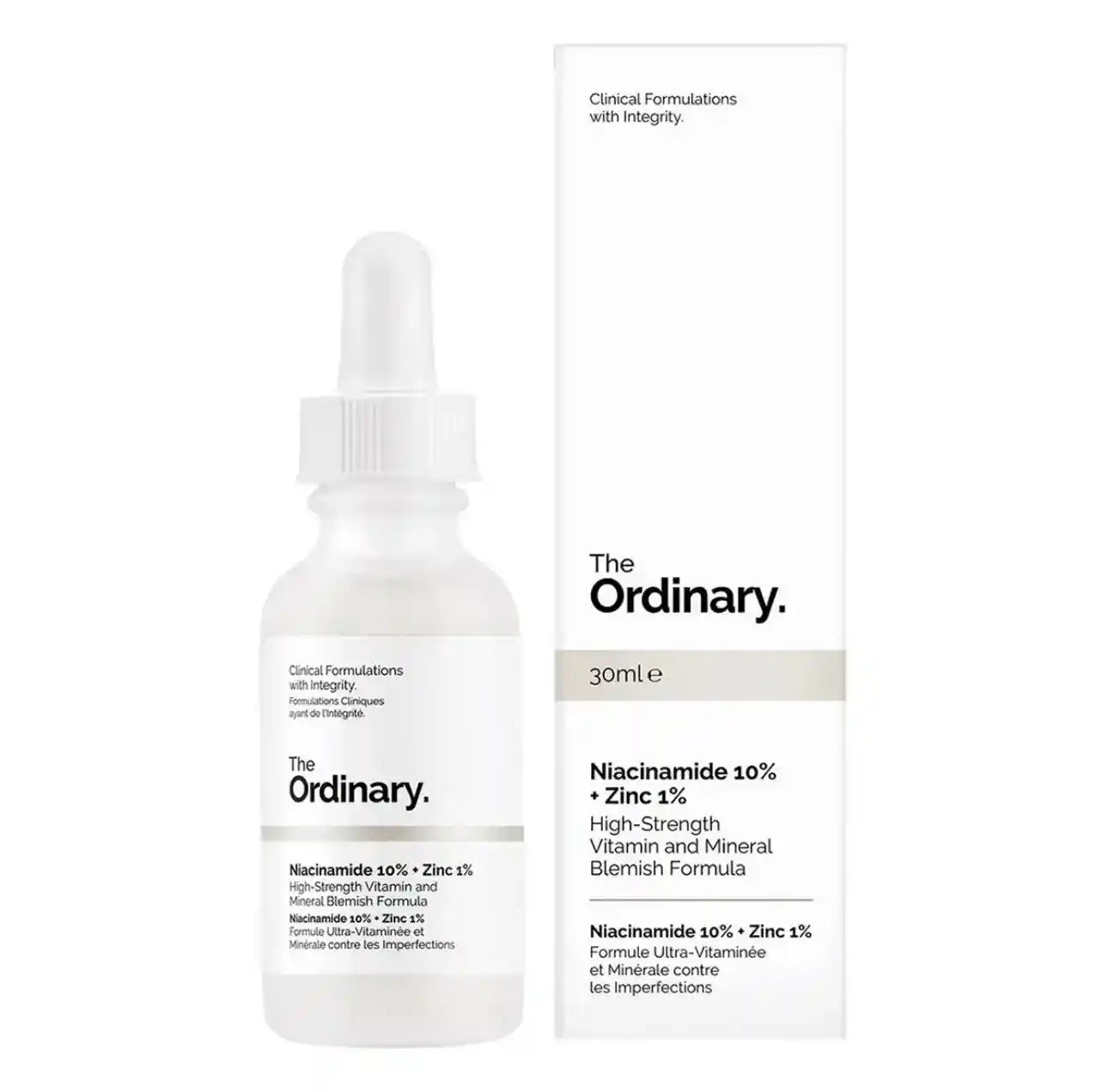 The Ordinary skincare serum bottle and packaging on a white background
