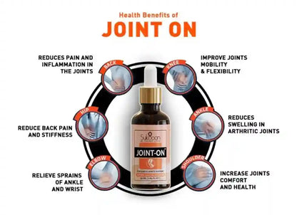Bottle of 'Joint-On' with health benefits listed around it on a white background
