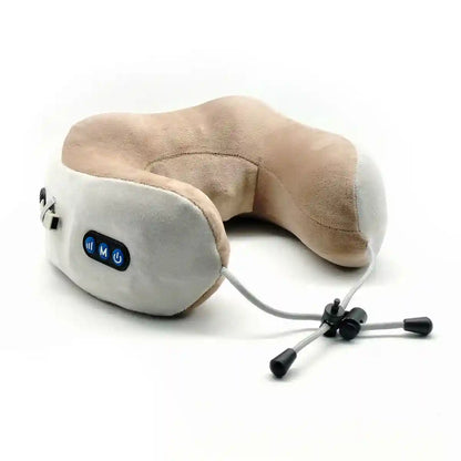 Neck massager with beige cushion and control panel on a white background
