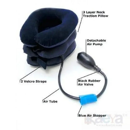 Neck traction pillow with detachable air pump and labeled parts on a white background
