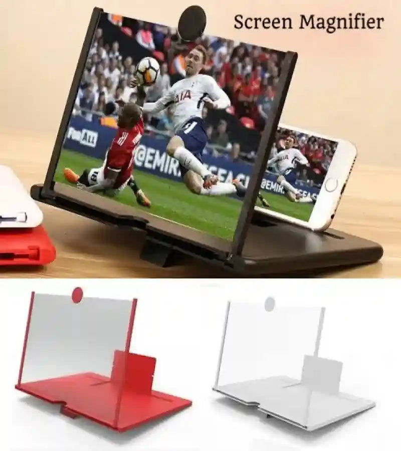 Screen magnifier device displaying a soccer game on a smartphone with additional red and white models shown below.