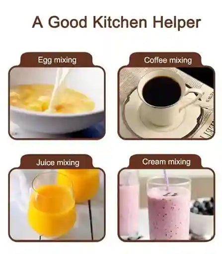 Illustration of a kitchen helper with images of egg, coffee, juice, and cream mixing.