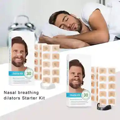 Nasal breathing dilators Starter Kit with a man sleeping in the background
