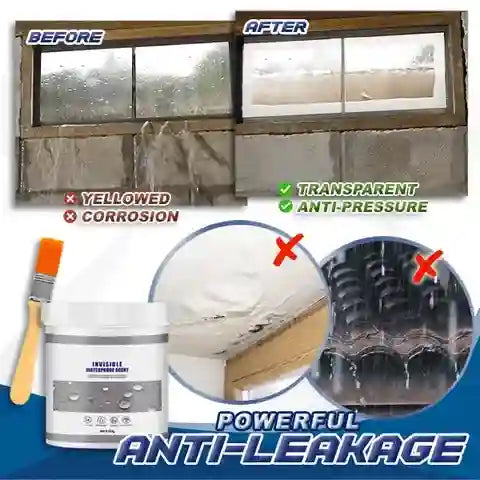 Before and after comparison of a window with corrosion and yellowing, showing the effectiveness of a waterproofing product.