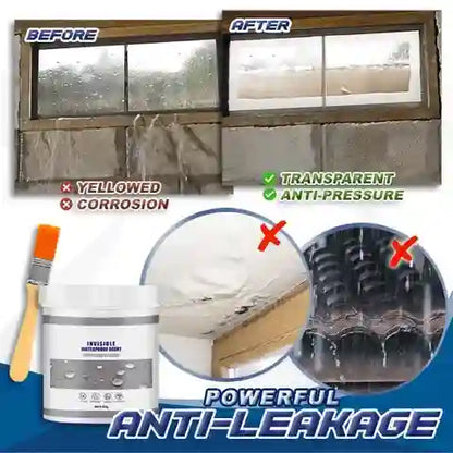 Before and after comparison of a window with corrosion and yellowing, showing the effectiveness of a waterproofing product.