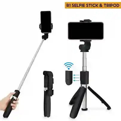 R1 Selfie Stick & Tripod with smartphone attachment on a white background