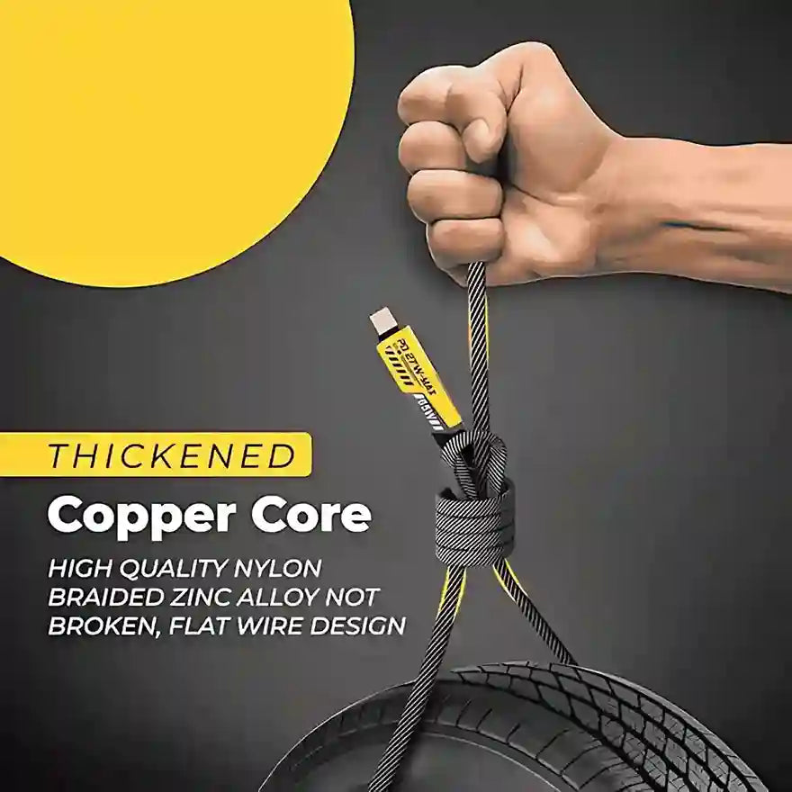 Hand holding a thickened copper core cable with text on a dark background