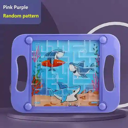 Children's puzzle with shark design on a purple stand against a dark background