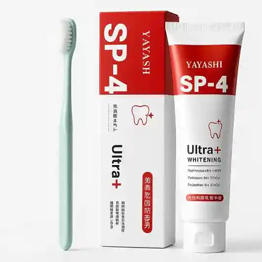 YAYASHI SP-4 Ultra Whitening toothpaste and toothbrush on a white background