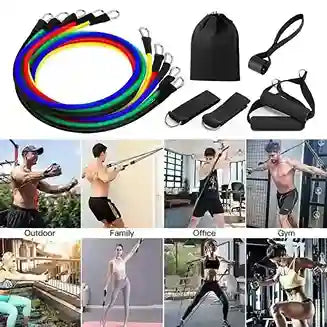 Resistance bands set with various uses shown, including outdoor, family, office, gym, and home settings.