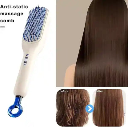 Anti-static massage comb with before and after hair images on a beige background