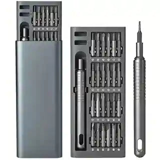 Set of screwdrivers in a compact case on a white background