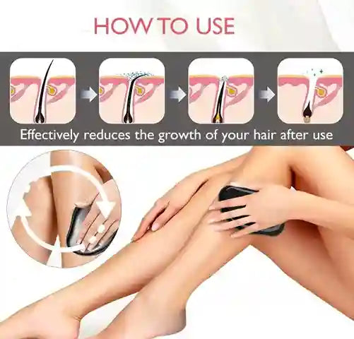 Instructions on how to use a hair removal product with a person applying it to their leg.