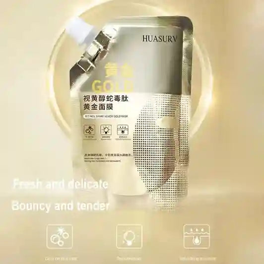 HUASURY gold face mask packaging on a gold background