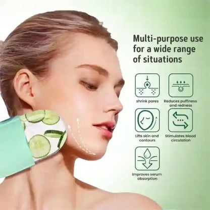 Woman using a green facial mask with text highlighting its benefits on a light green background