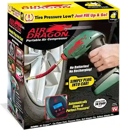 Air Dragon portable air compressor packaging with text and graphics on a black background